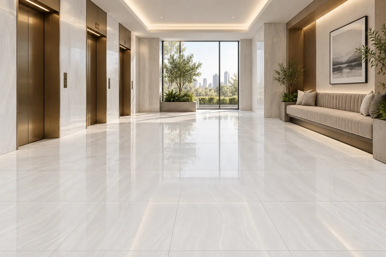 Dolomite Summit 24x48 polished porcelain in elevator waiting lounge, wide room view with a long bench, inset planting and framed art.