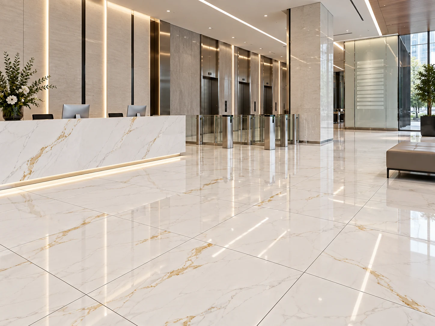 Commercial office proposed Gold Phoenix 24x24 Polished tile application: Gold Phoenix Commercial Tile for a Corporate Office Lobby