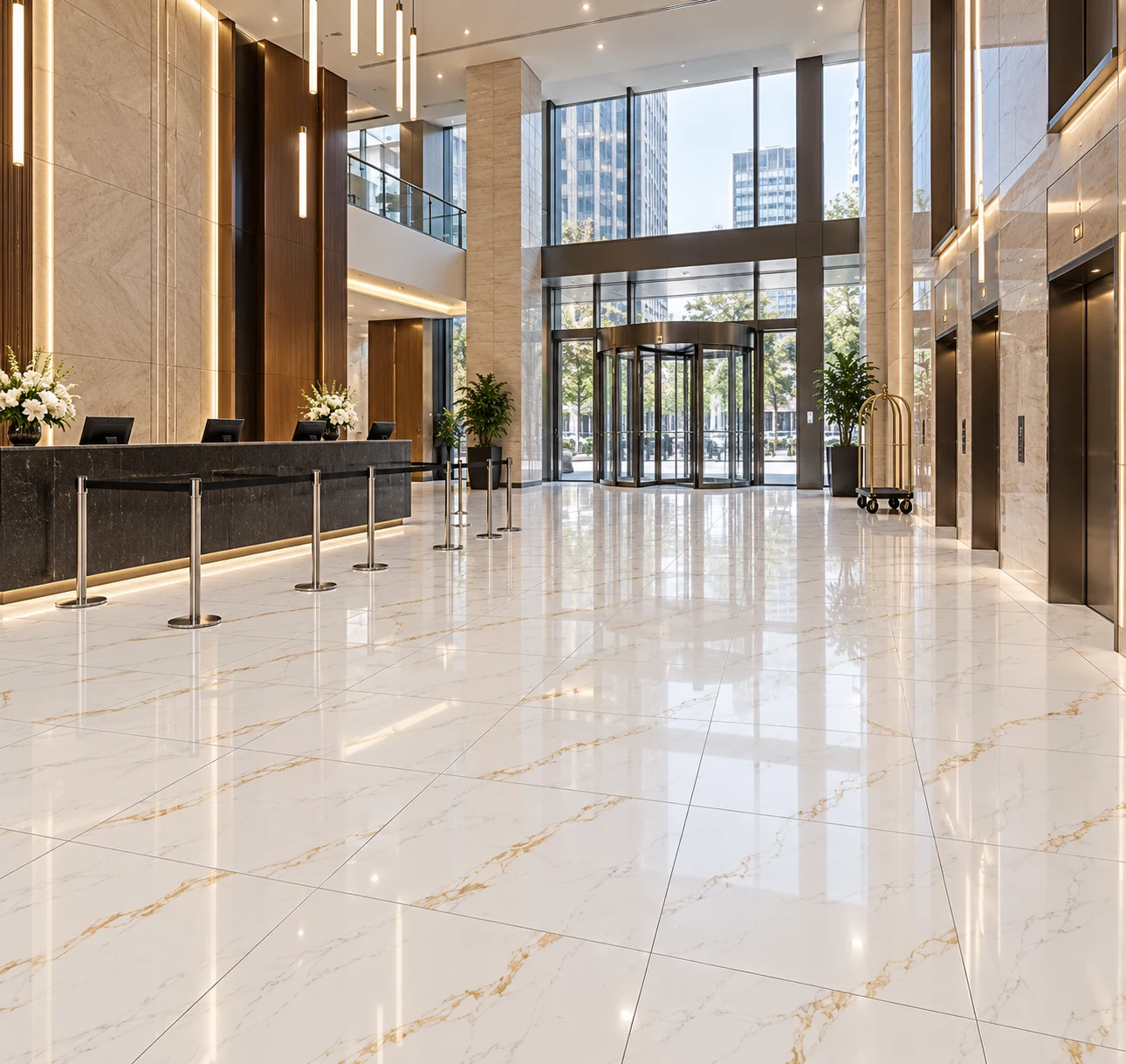 Hospitality proposed Gold Phoenix 24x24 Polished tile application: Gold Phoenix Porcelain Tile for a Hotel Arrival Hall