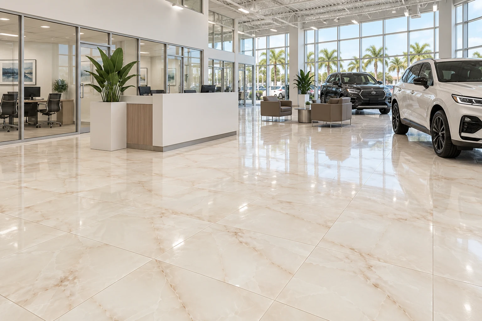 Proposed auto showroom with Onyx Dawn tile, displayed vehicles, glazed offices, a white open ceiling, and customer seating.
