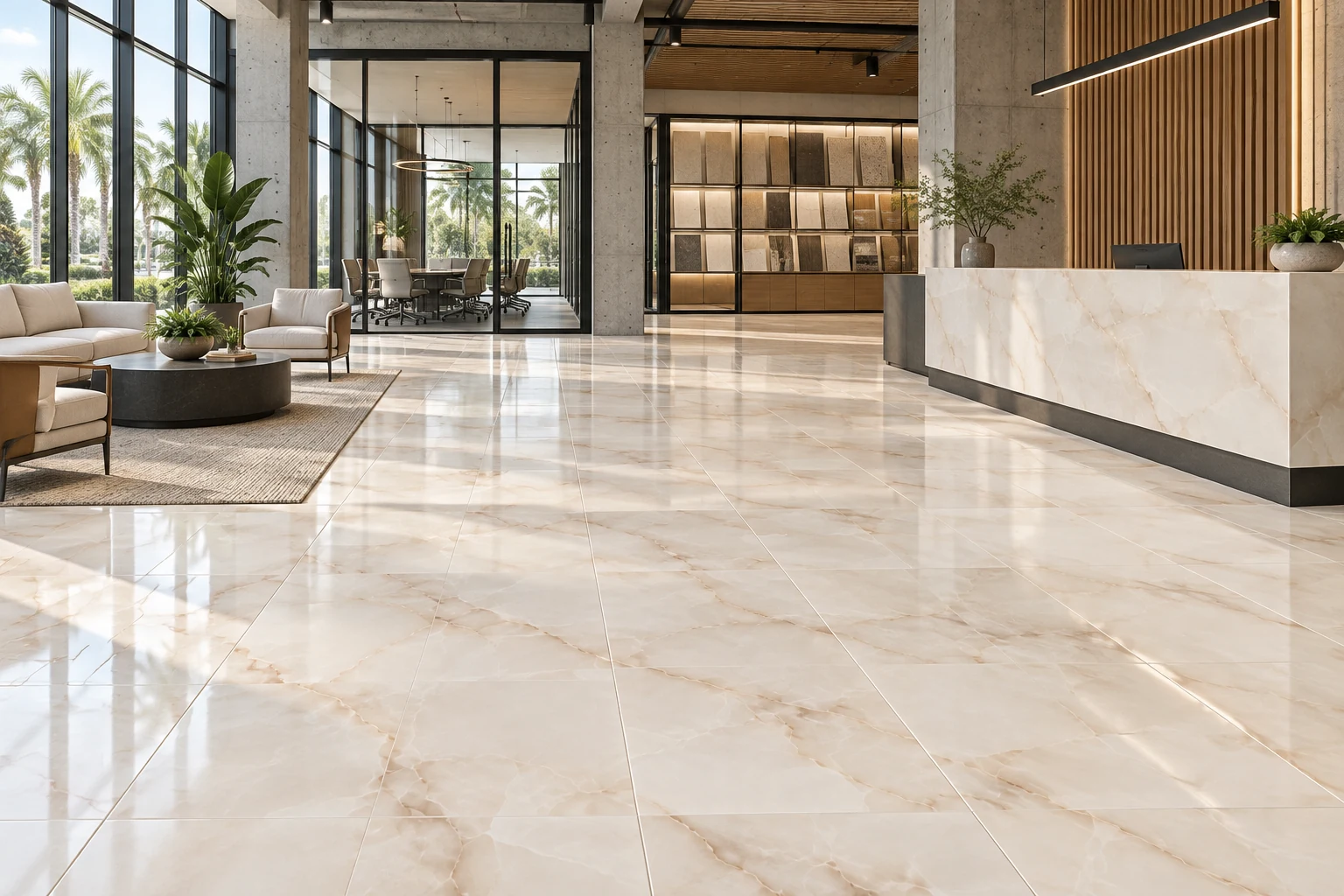 Proposed corporate reception with Onyx Dawn tile, wood slats, a substantial welcome desk, glass partitions, and lounge seating.