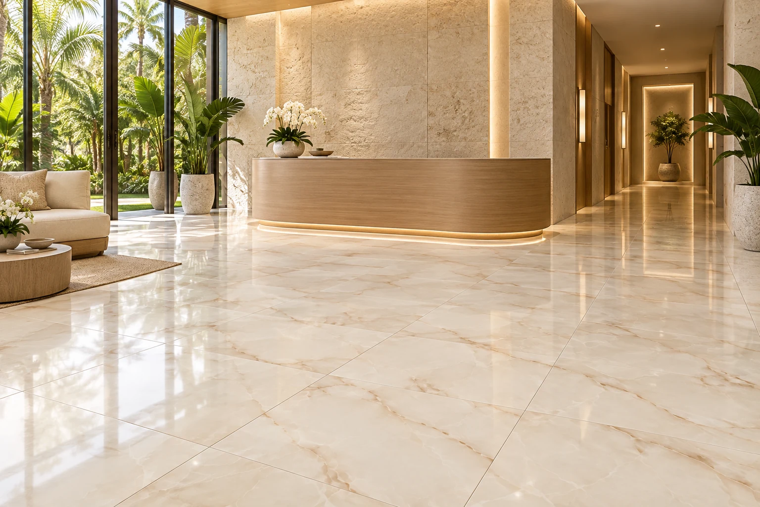 Proposed spa reception with Onyx Dawn ivory tile, a curved light wood desk, cream seating, and tropical greenery.