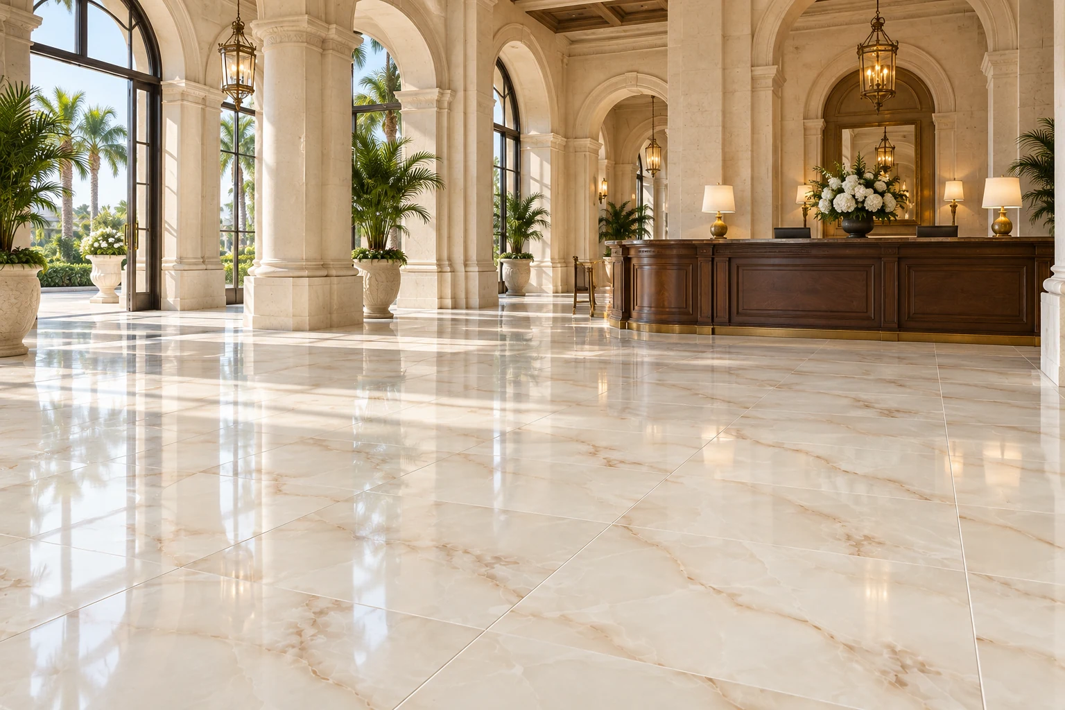 Proposed hotel lobby with ivory Onyx Dawn tile, golden veining, tall arches, dark wood reception, and warm lighting.