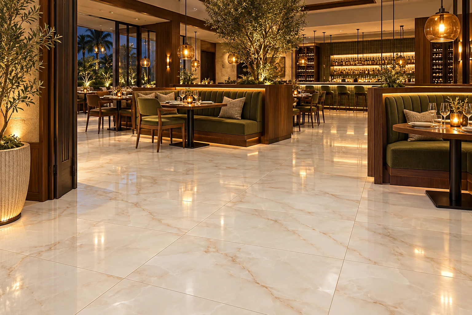 Proposed restaurant entrance and dining room with Onyx Dawn tile, dark wood, olive booths, and amber pendant lighting.